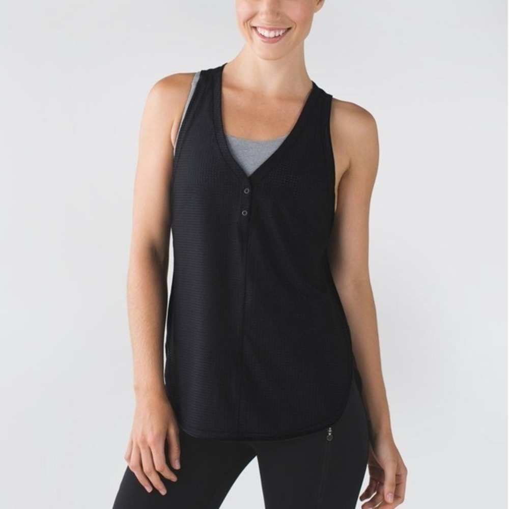 Var-City Tank Black Athletic Mesh Open Back Henley Workout Top Gym